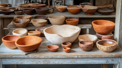Group terracotta pottery handmade earthware clay bowls jars pots arty display earthy tones rustic natural decor traditional market stall product banner DIY lifestyle learn maker.
