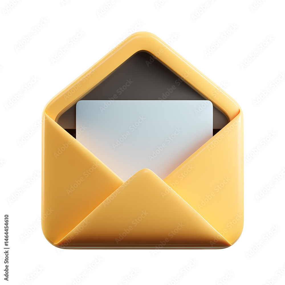 Poster 3d render of an open yellow envelope with blank message on transparent background