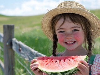 a little girl eating watermelon on a farm, unsplash, joyful expression, green fields, sunny day, bright colors, rustic atmosphere, wooden fence, straw hat, freckles, pure happiness, blissful moment.