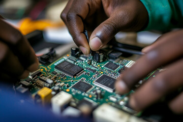 Closeup of Hands Carefully Repairing a Circuit Board