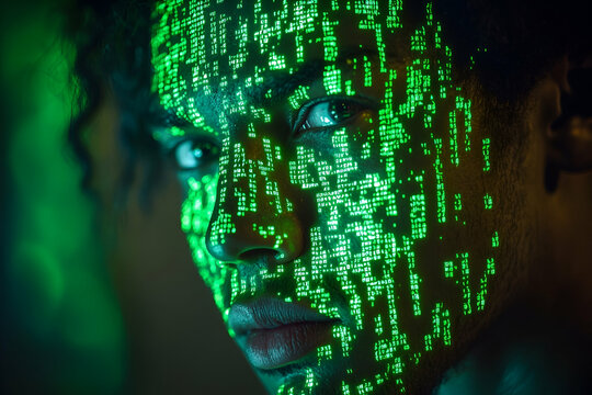 Closeup Portrait of a Person with Green Digital Code on Face
