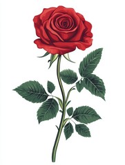 Obraz premium Elegant Red Rose with Lush Green Leaves Set Against a White Background Perfect for Celebrations, Romantic Occasions, and Floral Designs