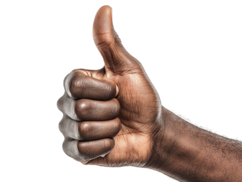 An African American man's hand is giving a thumbs up gesture with a dark skin tone on a white background, conveying approval, success, and positivity.