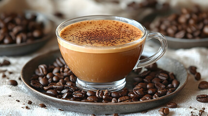 Close up of coffee cup on a plate with coffee beans surrounding