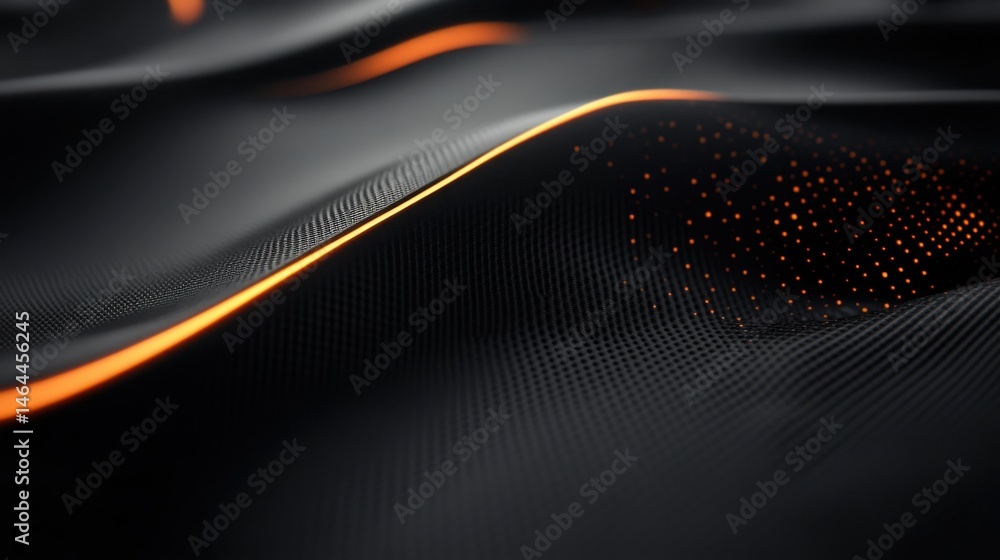 Poster abstract black wavy surface with orange glowing lines and dots in a dark setting design. abstract bl