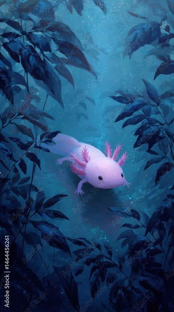 Poster submerged creature within a deep forest underwater.