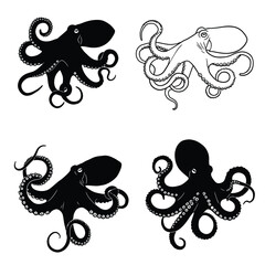Naklejka premium Octopus with tentacles in different positions, silhouette set vector. Big octopus silhouette collection on a white background. Sea creatures like octopuses or squids, full body silhouette bundles.