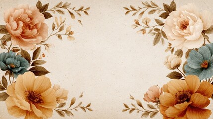 Floral design border with muted colors on a cream background.