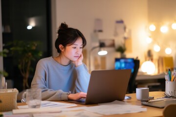 Fototapeta premium A quiet and focused Japanese woman working alone in a serene home office, comfortably managing spreadsheets and organizing documents on her laptop.