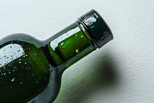 Close up of green glass bottle with water droplets on white surface