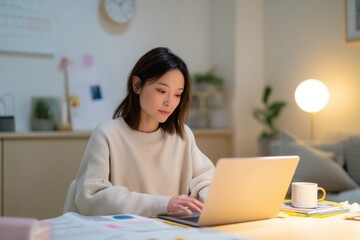 A quiet and focused Japanese woman working alone in a serene home office, comfortably managing spreadsheets and organizing documents on her laptop.