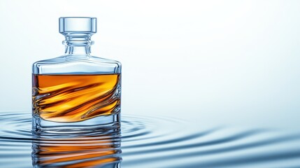 An exquisite glass bottle filled with golden amber liquid, finely detailed to showcase its rich color and texture, resting on a serene background, perfect for beverage or luxury brands.
