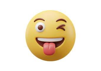 Fototapeta premium Playful Winking Emoji 3D Rendered Smiley Face with Tongue Out isolated on transparent background
