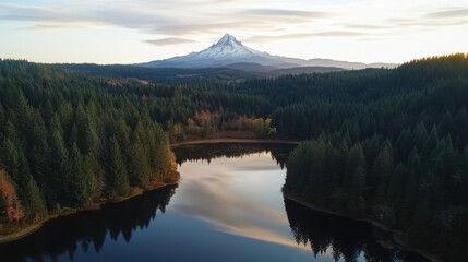 Mount Hood scenic view reflecting in calm lake surrounded by lush forests at sunset, perfect for nature enthusiasts and outdoor adventure photography.