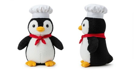 Fototapeta premium Plush penguin dressed as Italian chef with hat and scarf for playful culinary fun