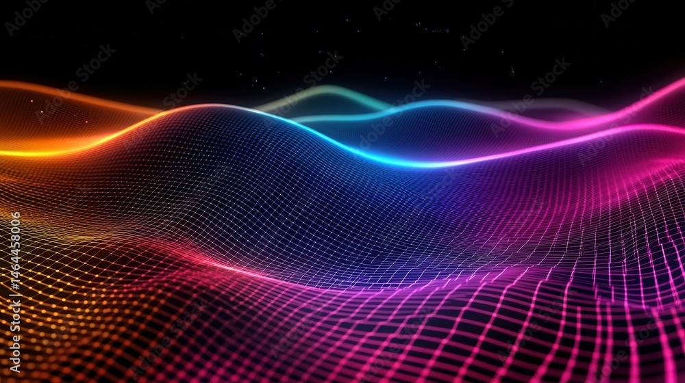 Poster abstract colorful wireframe landscape with glowing lines and dark background in a digital rendering.