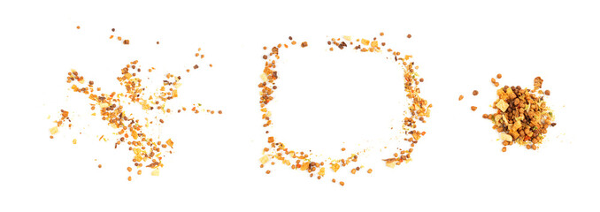 Dried vegetables mix with carrots, onion, parsnip and soy meat isolated. Dry food pieces for instant noodles