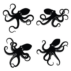Obraz premium Octopus with tentacles in different positions, silhouette set vector. Big octopus silhouette collection on a white background. Sea creatures like octopuses or squids, full body silhouette bundles.