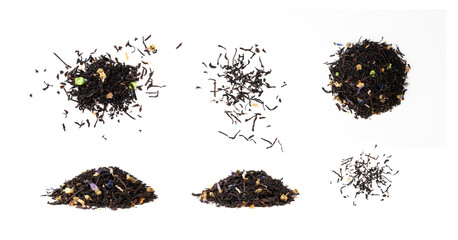 Flavored Black Tea Leaves Isolated, High Quality Black Tea Pile with Fruits and Flowers, Organic...