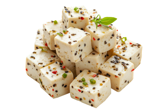 Cubes of seasoned tofu with visible herbs and spices, arranged in stack isolated on white transparent background, concept of healthy vegetarian protein option
