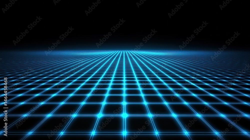 Poster perspective view of a glowing blue grid pattern against a dark background with depth of field effect
