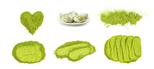 Matcha powder isolated, green tea dust pile, spirulina flour, powdered chlorella, dry extract