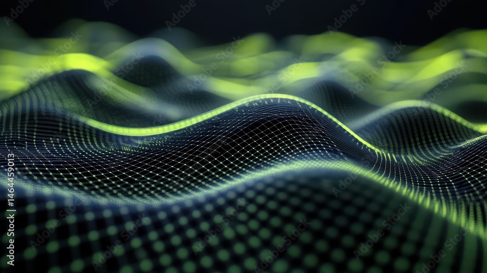 Poster abstract wavy grid surface with green highlights and dark background in a blurred perspective. abstr
