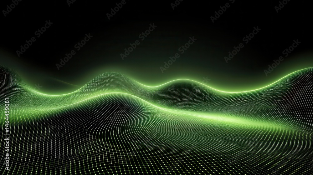 Poster abstract green landscape with grid pattern and dark background in digital rendering style. abstract 