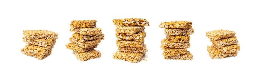 Puffed rice bar isolated, sweet wheat kozinaki, puff cereal block pieces, sugar crispy wheat bar
