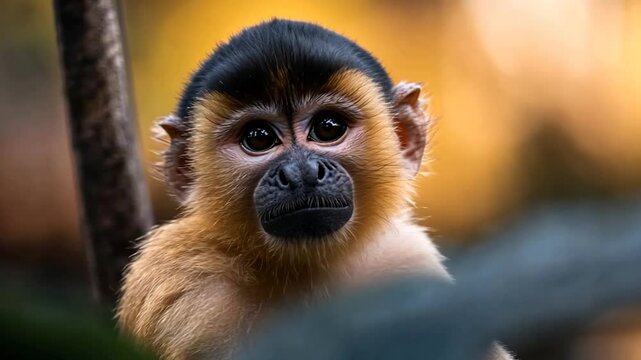 Close-up portrait of a small monkey with dark fur on its head and lighter brown fur on its body, set against a blurred, warm-toned background of foliage. The monkey's expressive eyes and soft fur are