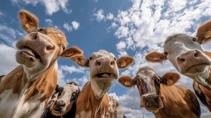 Curious cows exploring a sunny farm on a bright day with scattered clouds and blue sky Generative AI