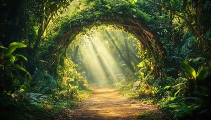 Sunlit jungle path surrounded by dense vegetation with light beams.