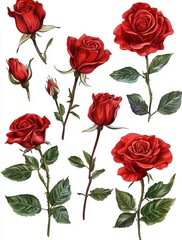 Fototapeta premium Red Roses Collection with Various Stages of Blooming Flowers on White Background for Floral Design and Decoration Purposes