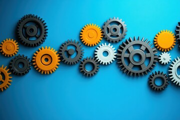 Conceptual display of interlocking gears in various colors on a blue background