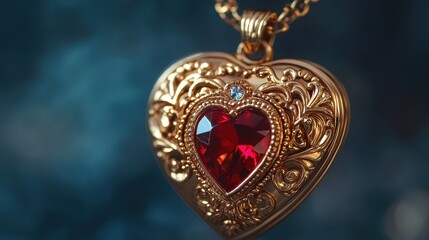 Ornate Gold Heart Locket with Red Jewel, Liquid Dropping, Close-up Detail.