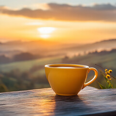 Coffee cup on wooden table with sunrise landscape in background