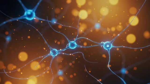 神経細胞輝く、暖色ボケ背景、神秘的描写