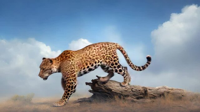 Majestic wild leopard in nature, big cat showcasing its stunning spotted fur against sky.