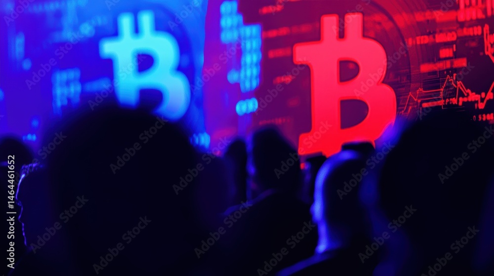 Poster bitcoin technology conference with audience watching digital cryptocurrency presentation in neon lig