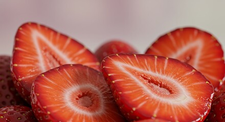 Sliced Strawberries Displaying Juicy Red Interior and Tiny Yello