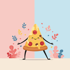 Obraz premium Happy pizza slice character doing yoga pose with arms outstretched on colorful background with copy space