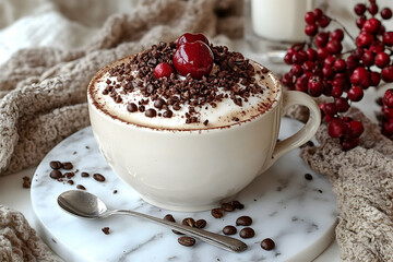 Coffee cup with chocolate sprinkles and cherry on marble surface