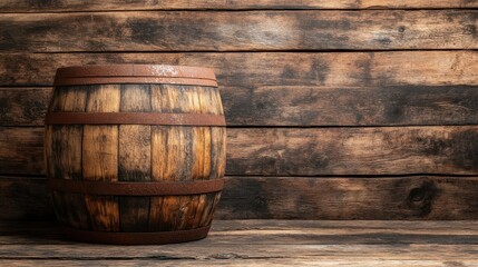 This image features a rustic wooden barrel set against a dark wooden backdrop, highlighting its texture and the warmth of wood, perfect for evoking a vintage atmosphere.