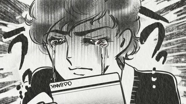 金欠で通帳を見て大泣き絶叫する昭和少女漫画風イケメンのアニメ
