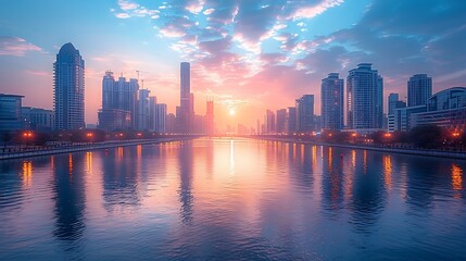 Fototapeta premium Dubai Skyline At Sunrise Over The Canal Water Reflections Photo