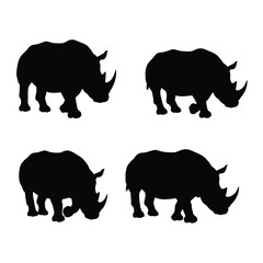 Herbivorous rhino standing silhouette on a white background. Wild peaceful rhino standing in different positions. Rhino full body silhouette collection. Dangerous rhinoceros silhouette bundle design.