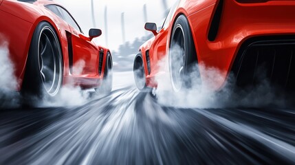 Red sports cars speeding on track