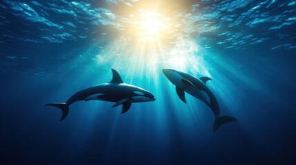 Two majestic orcas glide gracefully beneath the water's surface, illuminated by bright sunlight filtering through the ocean, showcasing the beauty of marine life.