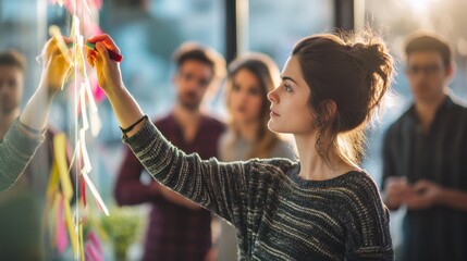 A woman adjusting sticky notes on a brainstorming board while others listen and contribute ideas in a sunny meeting room. Full body shot Wide copyspce Blur background --chaos 16