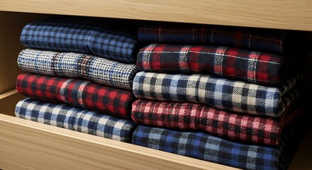 Stacked Plaid Flannel Shirts in a Wooden Drawer, Organized and R